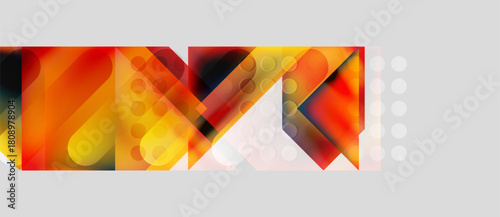 Abstract graphic design features vibrant orange, yellow hues. Geometric shapes overlap creating dynamic visual effect. Modern, bold composition.