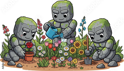 Three cute stone golems tending a colorful garden with watering can