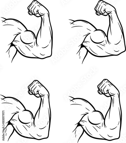 Four flexing bicep muscles showing strength, power, bodybuilding, physical fitness, isolated black and white vector illustration set