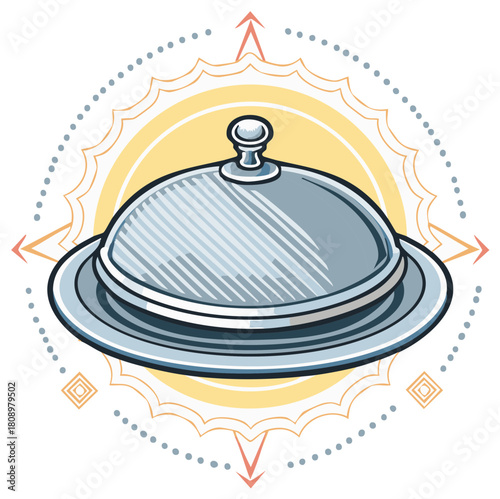 Decorative food cloche on platter with sun inspired circular frame illustration