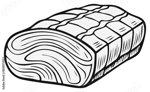 Raw rolled meat roast tied with string black and white vector illustration
