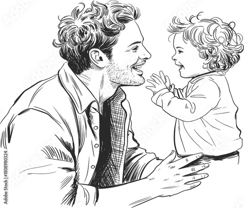Happy father and smiling baby child interacting, loving family bond, parenting, childhood moment, isolated black and white vector sketch