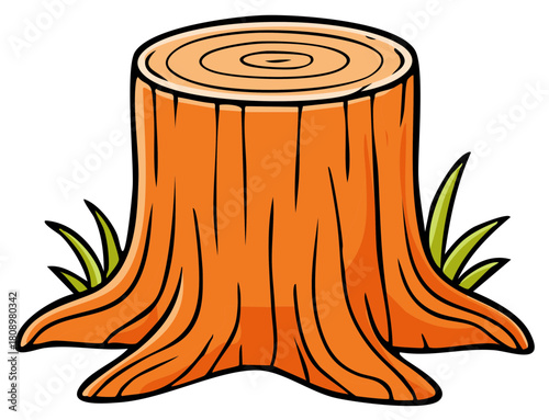 Cartoon tree stump with grass and textured bark for nature and woodland themes