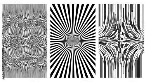 A collection of black and white psychedelic op art backgrounds with hypnotic radial and distorted lines