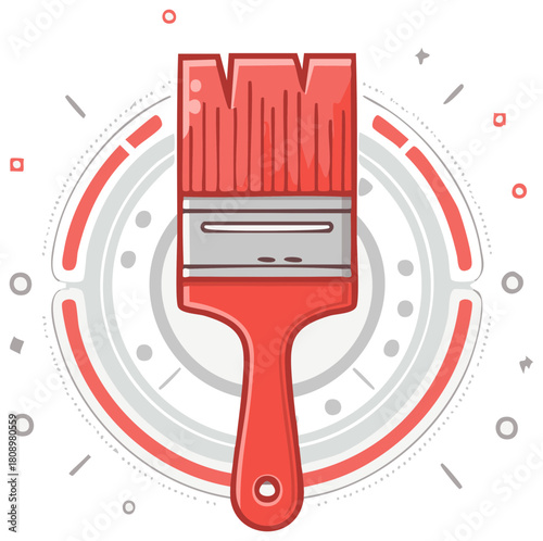 Vibrant red paintbrush with abstract circles and dots symbolizing art and creativity