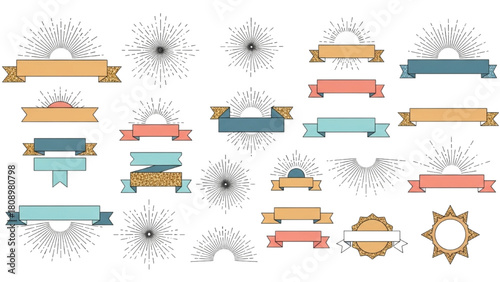 A versatile collection of retro-style sunbursts and ribbon banners for a creative design concept