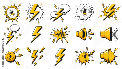Electrical Storm & Loud Sound Icons Lightning, Speech Bubbles, Megaphones