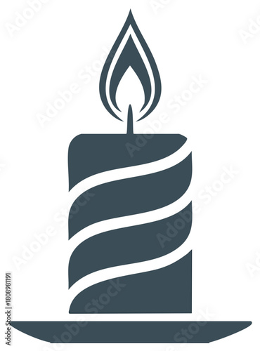 Simple flat icon of a lit striped candle on a holder, a vector illustration