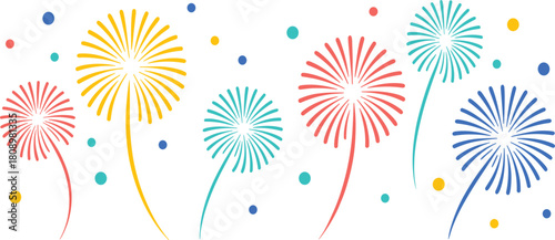 Colorful graphic fireworks burst on white background, party celebration, holiday event, new year explosion, isolated vector illustration