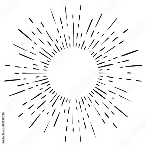 Doodle style sunburst illustration with irregular black rays bursting from a central void