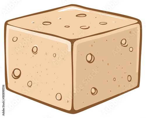 Cartoon illustration of a porous, tan cube with a dark brown outline, appearing like a sponge or cheese.
