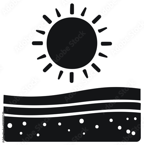 Black and white illustration of sun shining over ground with subsurface details graphic symbol climate
