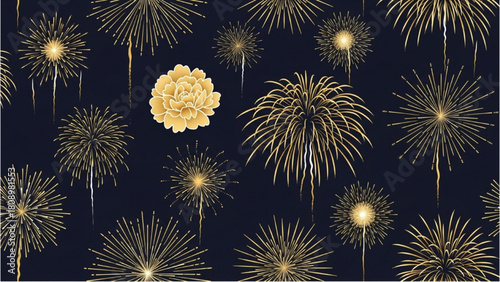 Luxurious Golden Fireworks and Elegant Flower Pattern on a Dark Background for Festive Occasions and Celebrations