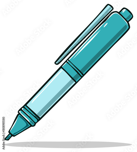 Simple teal colored ballpoint pen with clip vector cartoon illustration