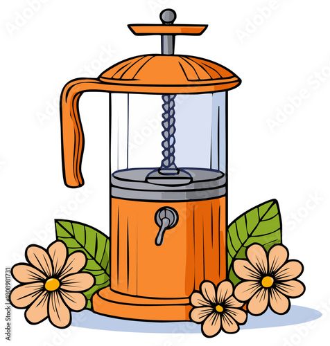 Vibrant orange French press coffee maker surrounded by blooming flowers and green leaves
