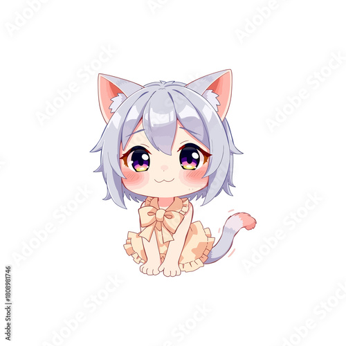Adorable chibi anime girl with cat ears and a sweet gentle expression