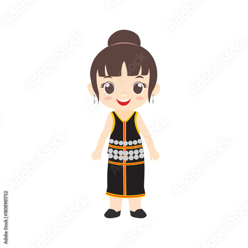 Vector flat illustration. Cute Malaysian Sabahan girl wearing traditional attire called Baju Kadazan