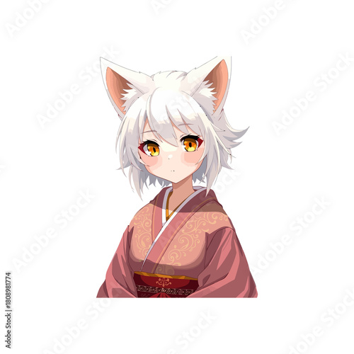 Adorable anime girl with white hair and fox ears in traditional garb