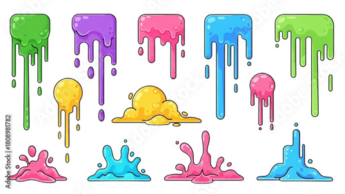 Collection of Cartoon Colorful Dripping Slimes and Splashes for Decoration