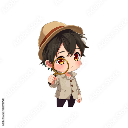 Chibi detective with a magnifying glass examines something closely anime style