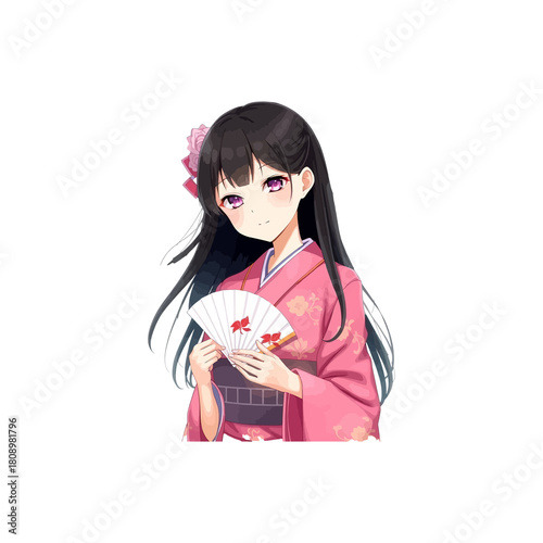 anime girl with dark hair holding a traditional japanese folding fan