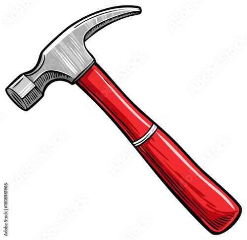 Vector illustration of a hand drawn red claw hammer work tool for construction or home improvement