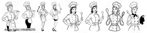 Retro Female Chef Vector Character Set in Vintage Line Art Style