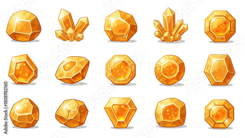 A collection of golden yellow gemstones, crystals, and precious jewels for video game assets and icons