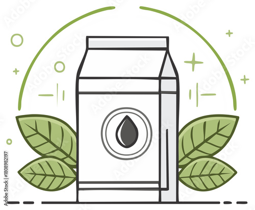 Eco friendly plant based drink carton with natural green leaves and a fresh liquid drop symbol