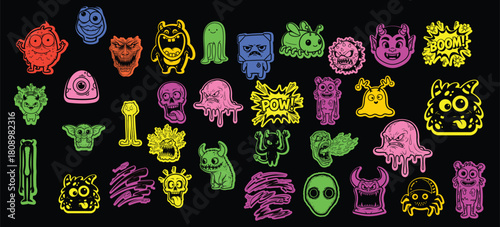 Neon Monster Sticker Pack & Comic Icons for Merch and Kids' Design