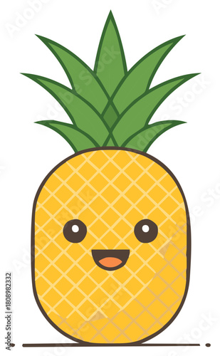 Cute kawaii pineapple character smiling happily. Cheerful tropical fruit mascot vector illustration.