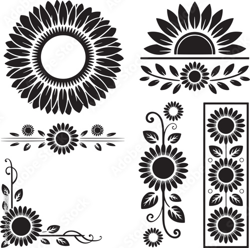 Black and white decorative sunflower elements and borders floral designs vector