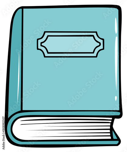 Light blue hardcover book cartoon illustration with a blank decorative label on the cover