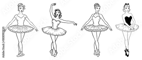 Retro Ballerina Pinup Women in Tutu Costumes Vector Illustration