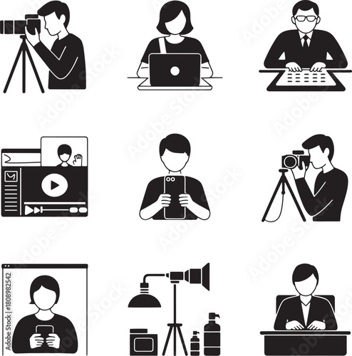 Black and white icons of people using cameras laptops phones and studio equipment vector