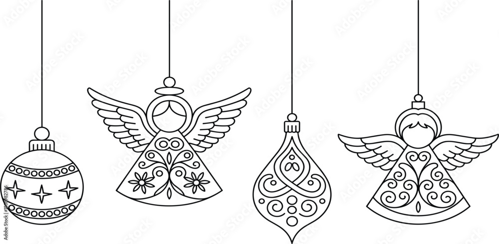Obraz premium Four hanging ornate Christmas ornaments including angel designs, holiday decoration, festive line art, isolated black outline vector set