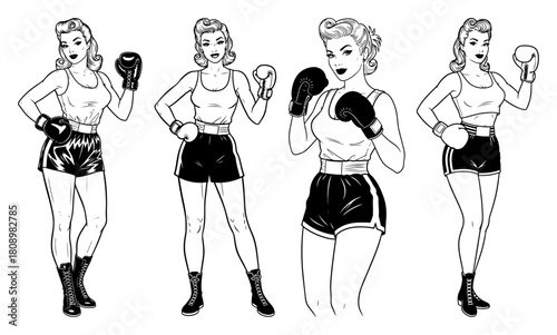 Vintage Pin Up Female Boxer Character Poses Vector Illustration