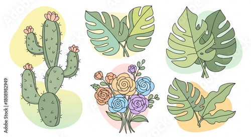 Botanical illustration of cactus monstera leaves and roses for print design and graphic design projects
