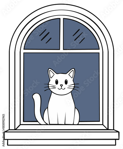Cute white cartoon cat sitting on a windowsill looking out of an arched window