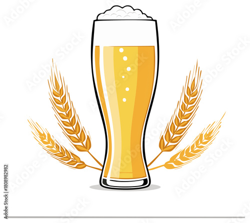 Glass of golden beer with foamy head surrounded by wheat stalks, isolated illustration