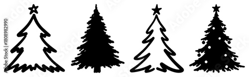 Set of Stylized Christmas Tree Silhouettes and Outlines for Holiday Design