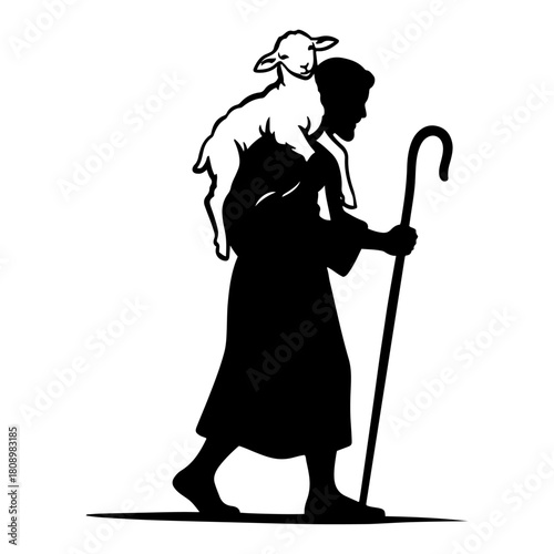 Silhouette of a Biblical Shepherd Carrying a Lamb on His Shoulders Holding a Staff Representing the Good Shepherd