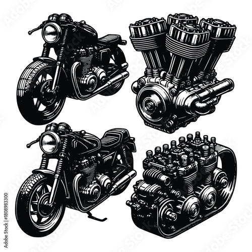 Detailed Motorcycle Engine and Bike Icons