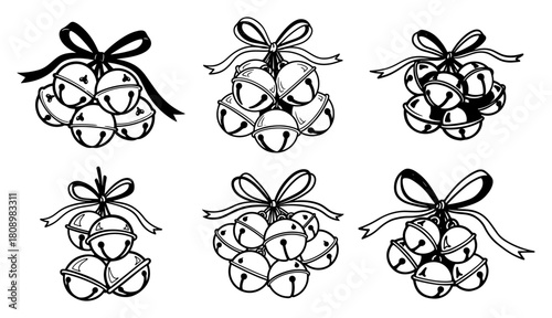 Hand Drawn Christmas Jingle Bells With Ribbons And Bows Vector Collection In Sketch Style