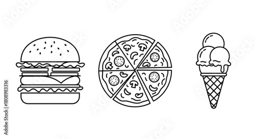 Burger pizza ice cream vector illustration for fast food restaurant menu and food delivery service design 100