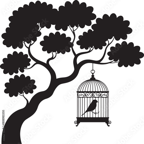 Black silhouette of a bird in a decorative cage hanging from a stylized tree branch vector