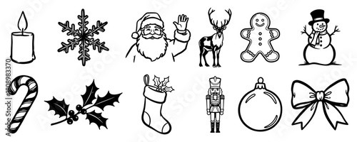 Set Of Christmas Holiday Icons Featuring Santa Reindeer Snowman And Winter Elements In Line Art