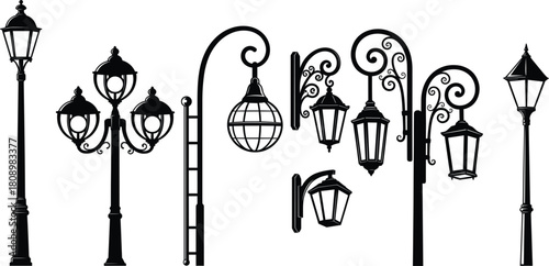 Set of antique street lights and lanterns, vintage urban architecture, outdoor decorative lighting, isolated black silhouette vector collection