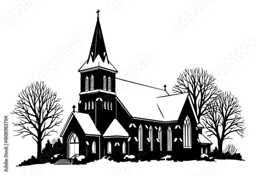 Winter Church in Snowy Landscape Christmas Village Illustration