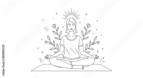 Yoga meditation mindful wellness zen spiritual practice relaxation pose woman lotus position vector art 100